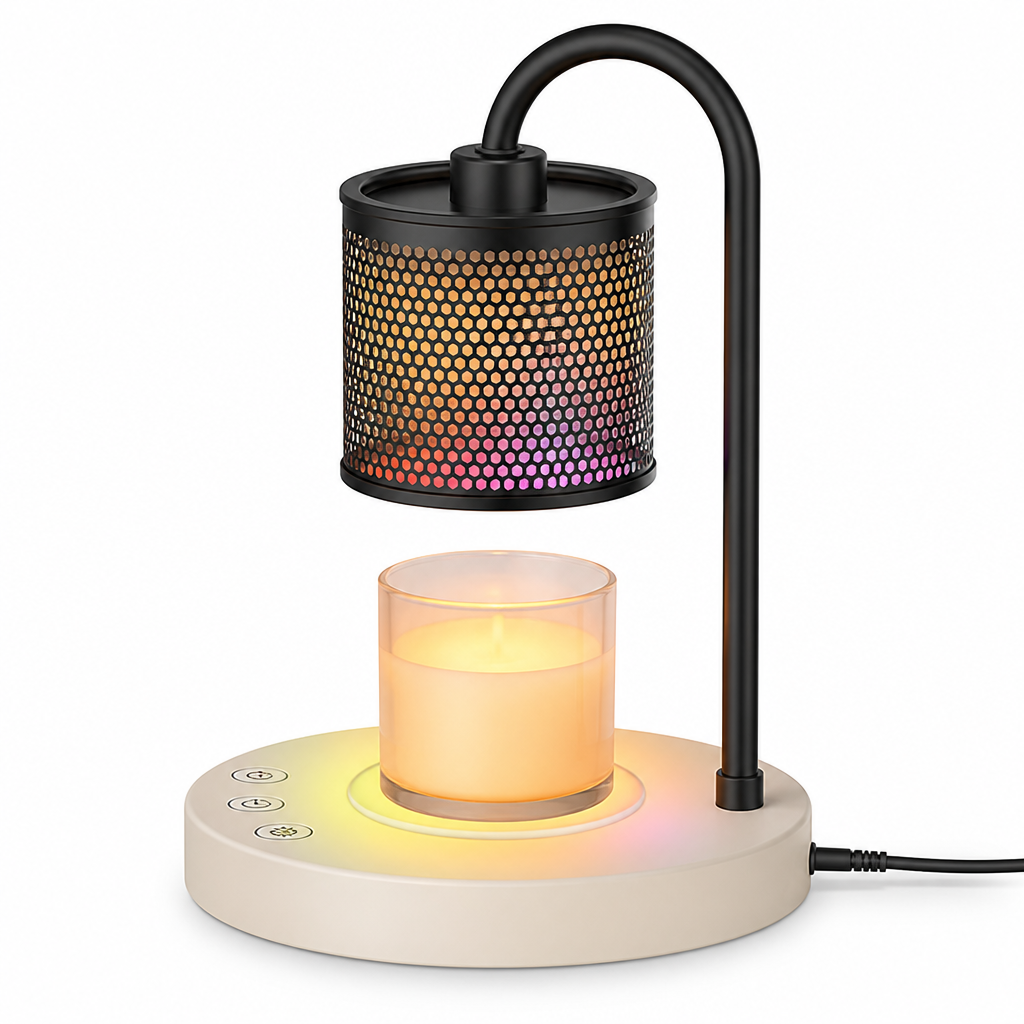 Golden electric wax melter with adjustable height and timer for flameless home fragrance. Tabletop candle warmer with ambient light.
