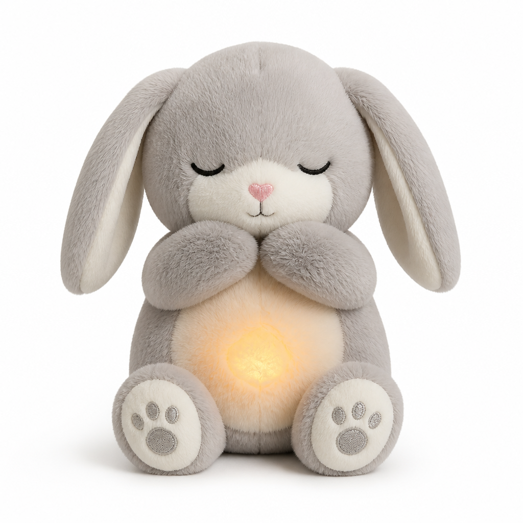 Baby soothing plush night light with calming breathing motion, a sleep aid stuffed animal for nursery decor.