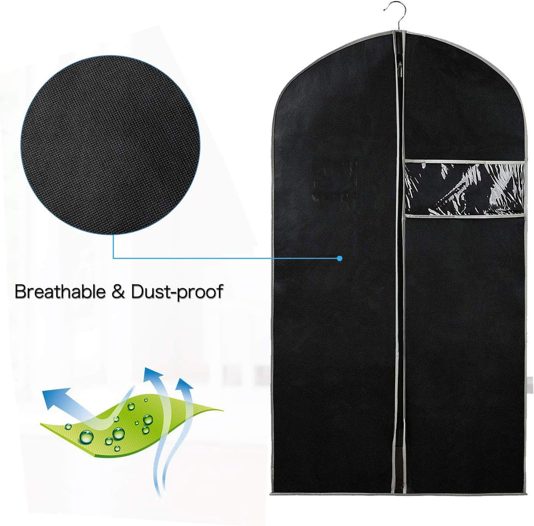 Clear breathable garment bags for protecting suits, dresses & coats; ideal for closet organization.
