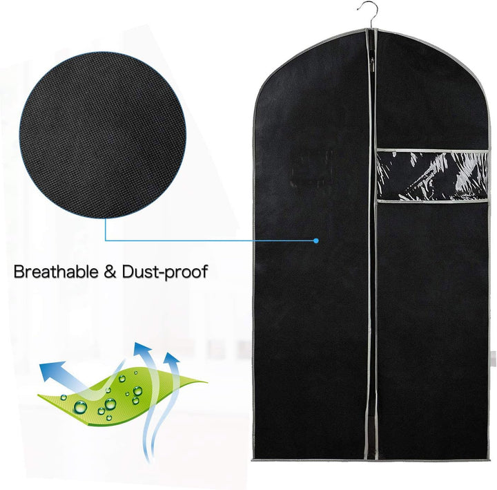 Clear breathable garment bags for protecting suits, dresses & coats; ideal for closet organization.