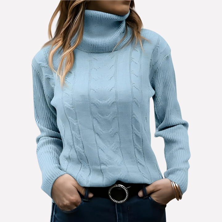 Cozy knit women's turtleneck sweater, perfect for stylish winter layering.