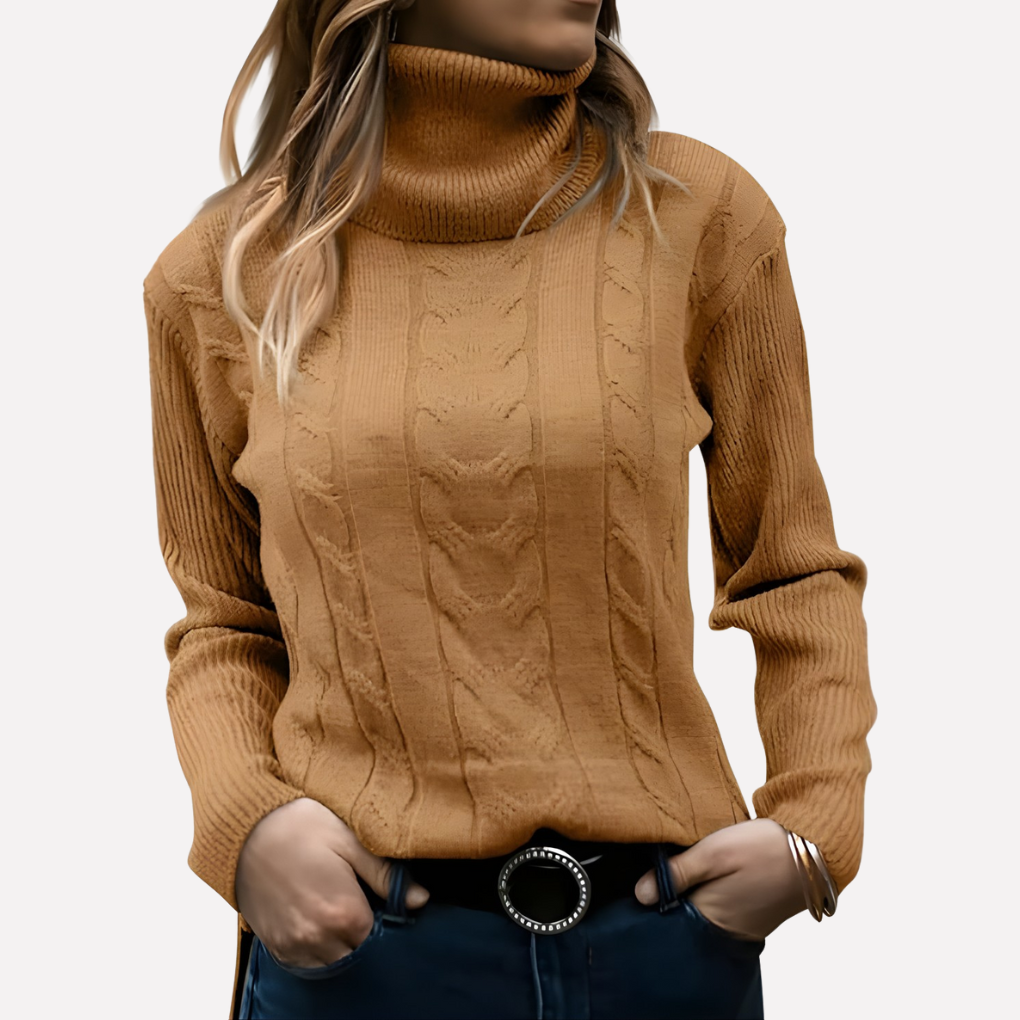 Women's everyday pullover sweater, long sleeve and cozy turtleneck for comfort.