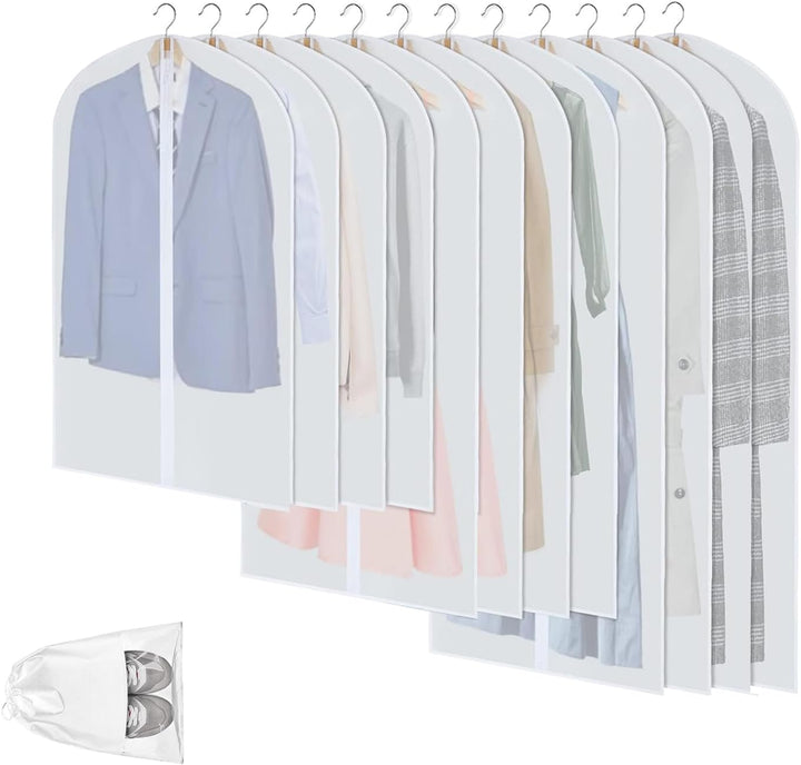 12-pack clear PEVA dustproof garment bags for suit, dress, coat storage & closet organization.
