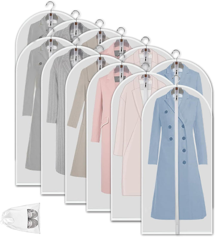 Durable 12-pack dustproof clothing covers for keeping garments pristine in storage.