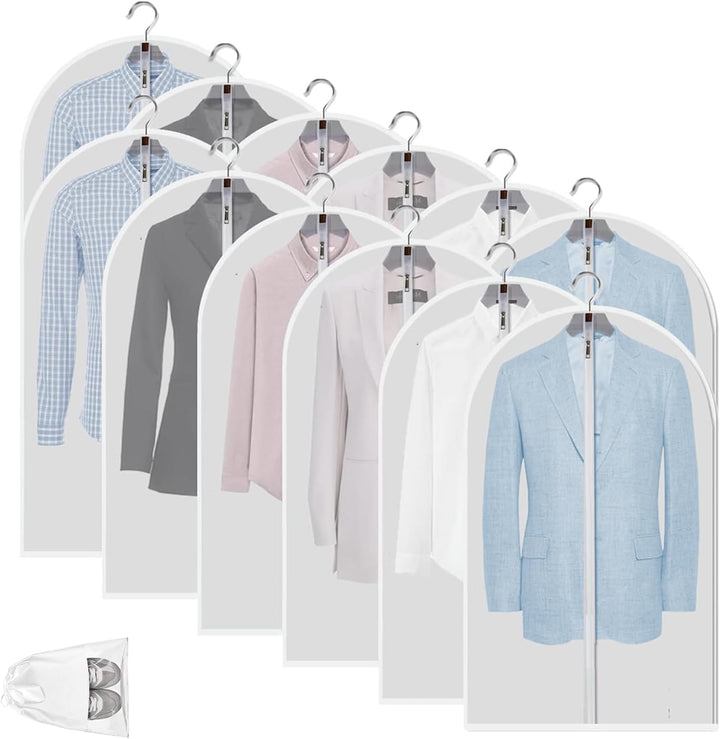 Essential 12-pack clear garment bags for suits, dresses, coats, ensuring dust-free storage.