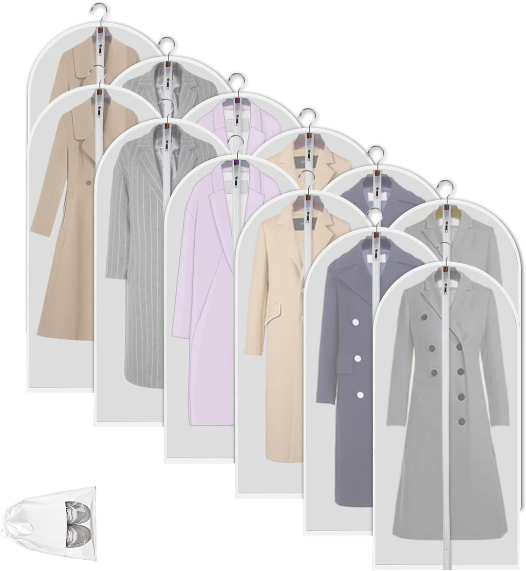 Durable 12-pack PEVA clothes protectors for dustproof closet organization & travel storage.