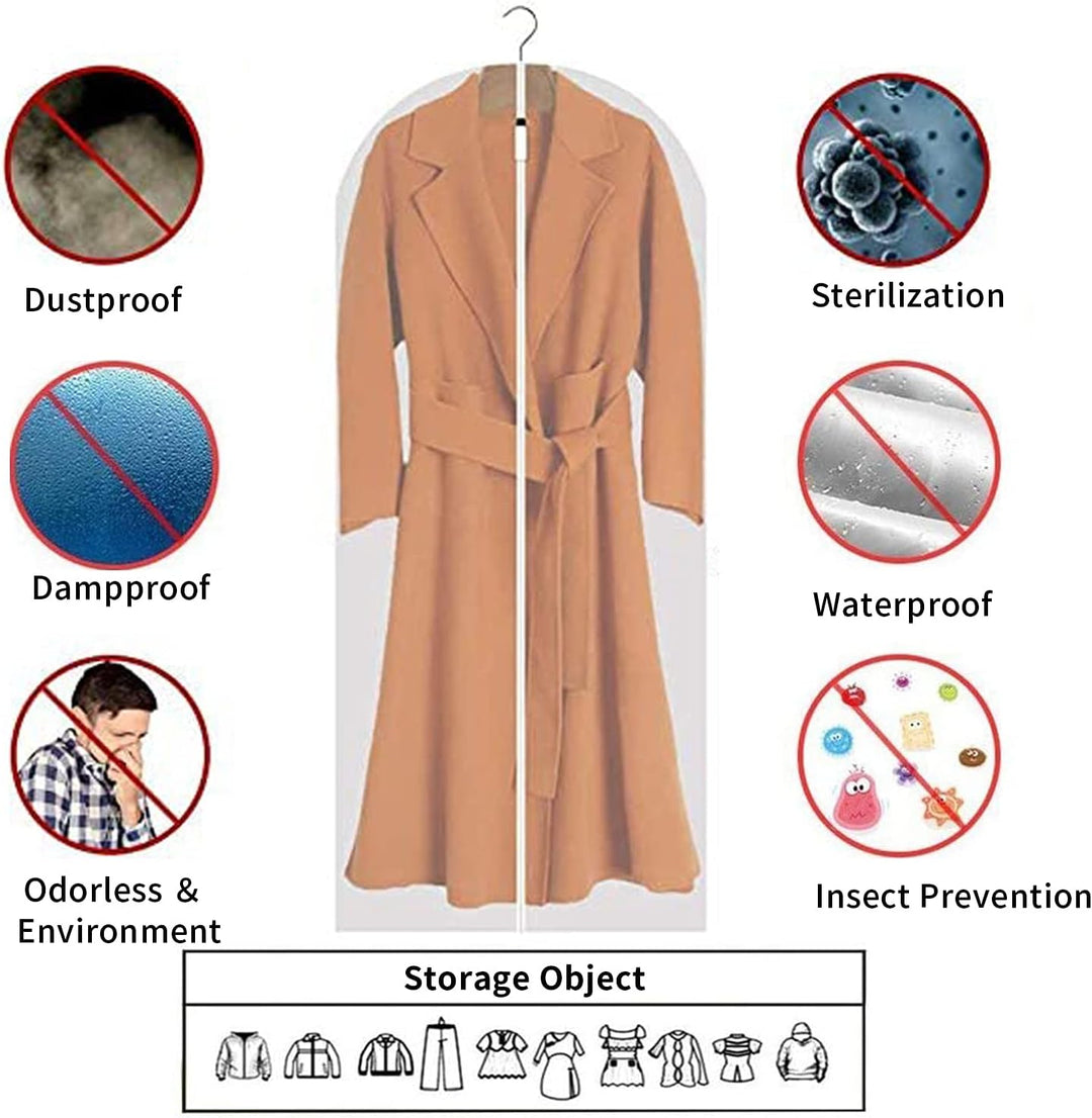 12-pack clear garment storage bags for protecting clothes from dust, moisture & pests.