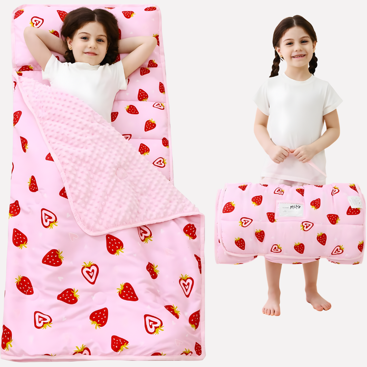 Compact travel bed: Toddler nap mat with integrated pillow & blanket, making sleep easy on the go.