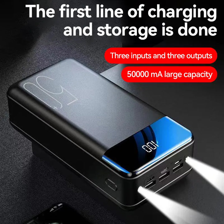 Black 50000mAh portable power bank for phones, tablets & electronics, essential mobile accessory.