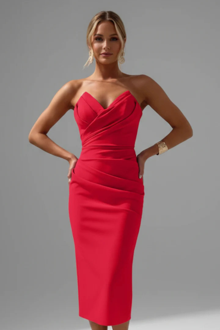 Formal women's ruched midi dress, elegant sweetheart neckline, fitted for special events.