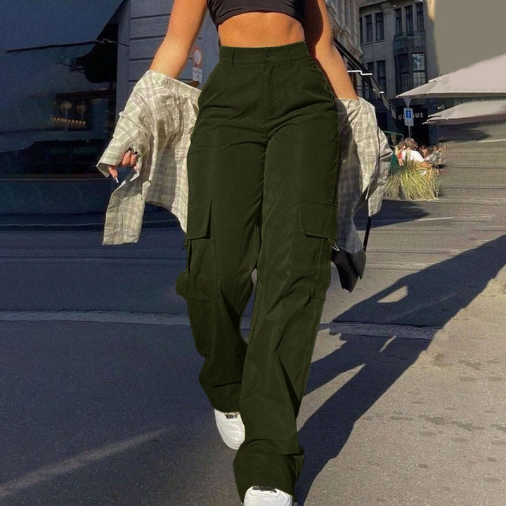 Fashionable women's high waisted cargo pants. Straight leg, relaxed fit for summer casual and urban fashion.