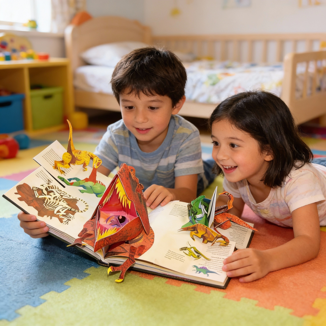 Detailed pop-up dinosaur book with 3D scenes. A fun, interactive kids' story book & educational toy for learning.