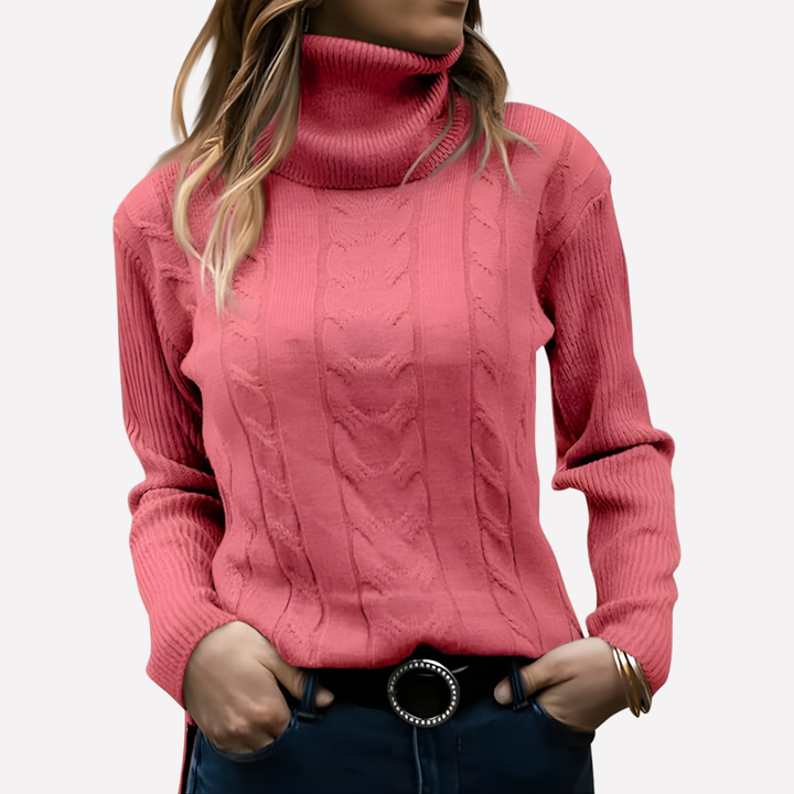 Soft women's long sleeve sweater with a cozy turtleneck, everyday style.