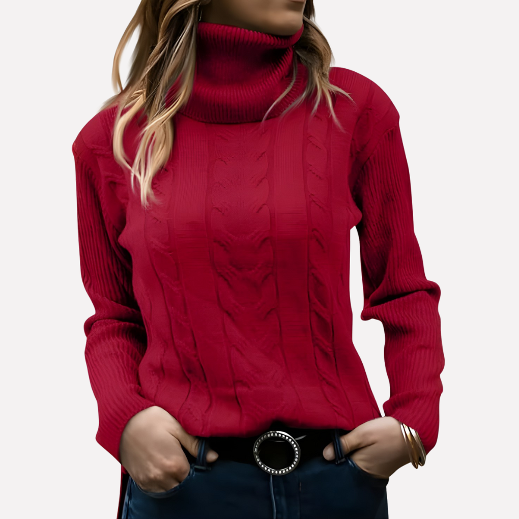 Soft knit long sleeve women's turtleneck sweater, perfect for everyday wear.