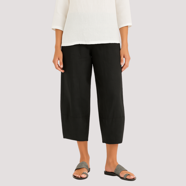 Comfortable women's lightweight summer pants. Loose fit wide leg design with an elastic waist for easy casual style.
