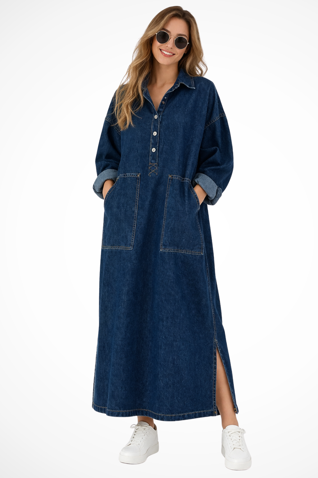 Women's oversized blue maxi shirt dress with pockets, offering a comfortable & relaxed fit for casual style.