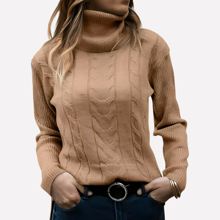 Casual winter fashion: women's cozy pullover turtleneck sweater, comfortable fit.