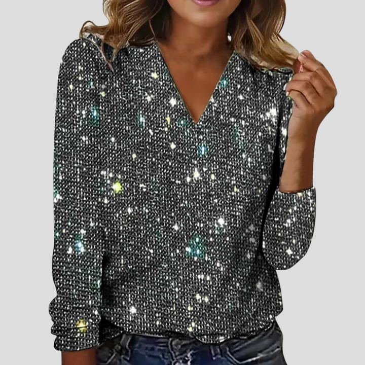 Women's elegant glitter V-neck long sleeve blouse, perfect for party wear & special occasions. Festive evening top.