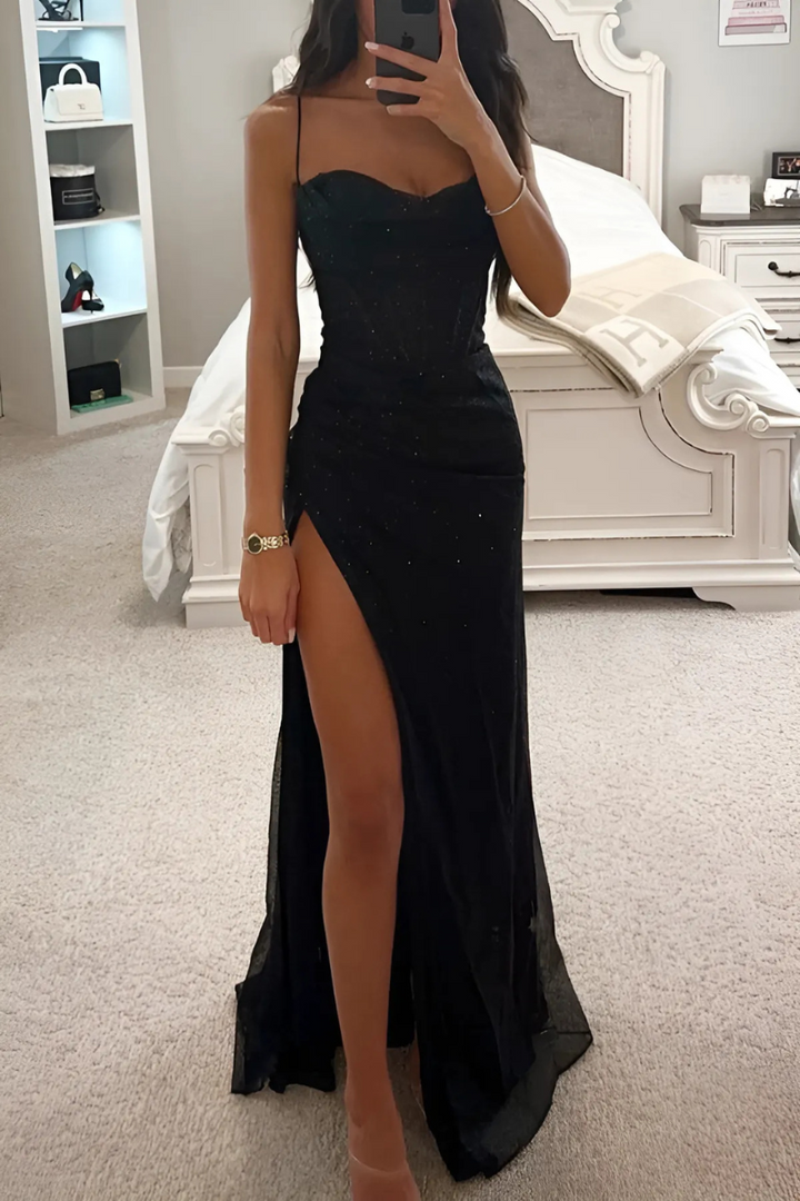 Women's sequin spaghetti strap evening gown with high slit. Elegant long formal dress perfect for prom or gala.