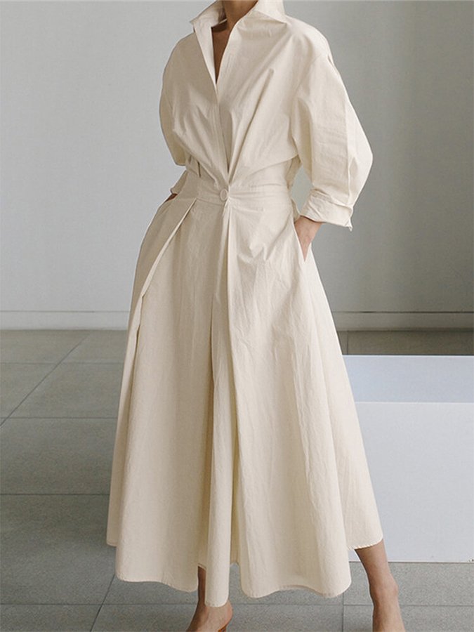 Elegant women's collared long sleeve midi dress, perfect for work or sophisticated casual wear. Versatile fall/winter fashion.