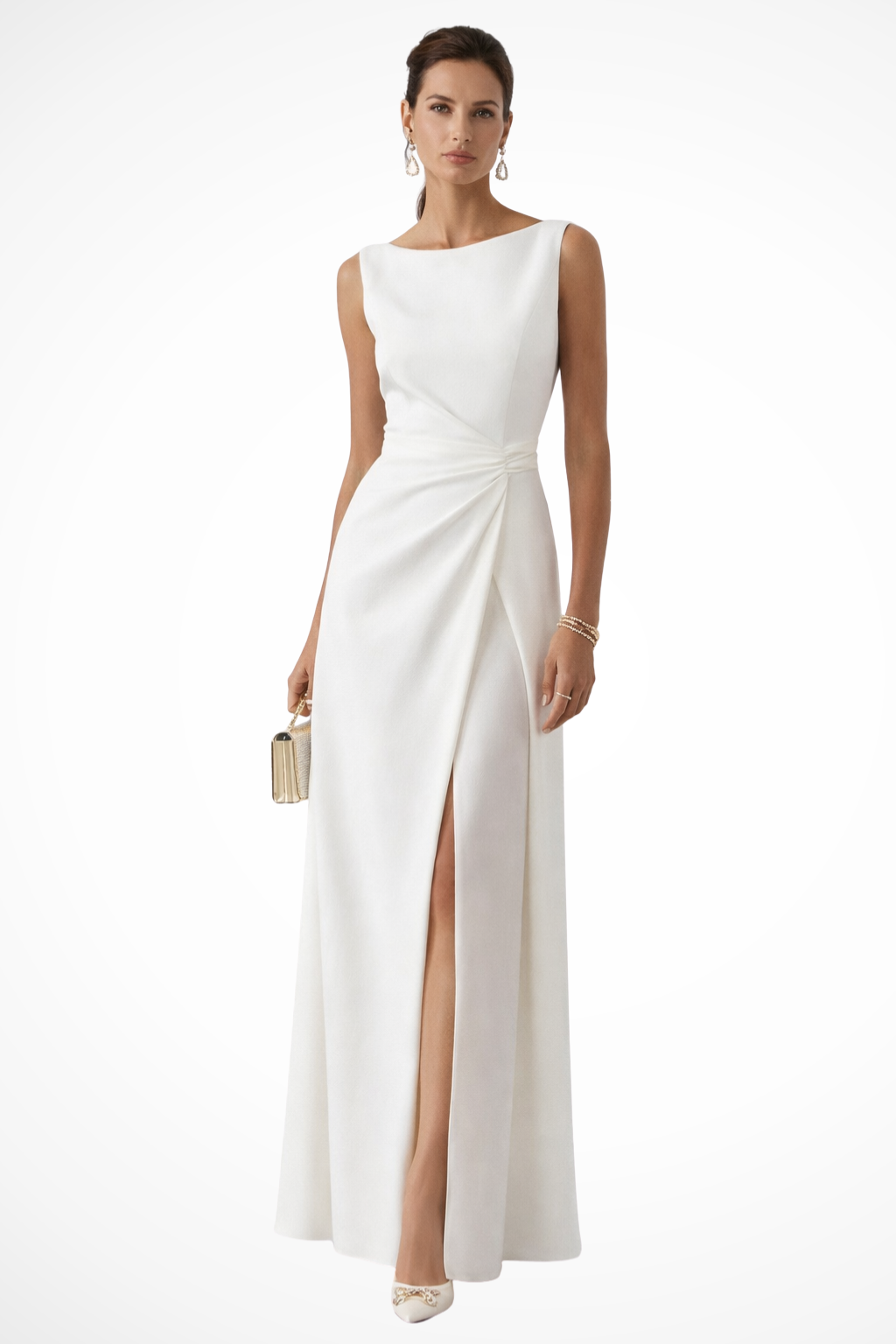 Elegant women's sleeveless maxi dress with graceful side slit & draped waist, perfect for evening events & parties.