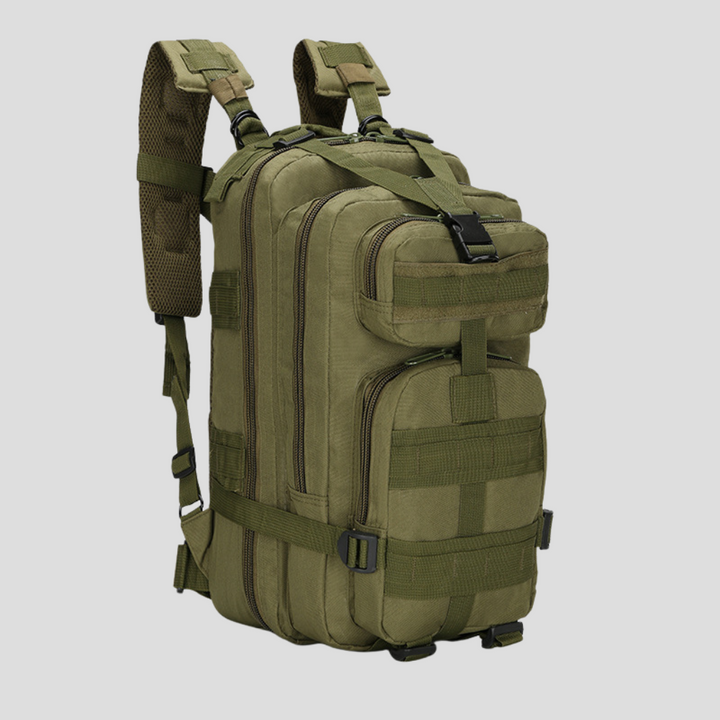 Unisex 30L outdoor adventure backpack with MOLLE system, durable nylon, ideal for hiking, camping & travel.