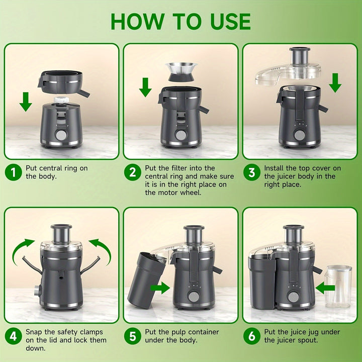 Easy-to-clean 500W electric juicer parts for fruits & vegetables. Stainless steel home kitchen appliance.