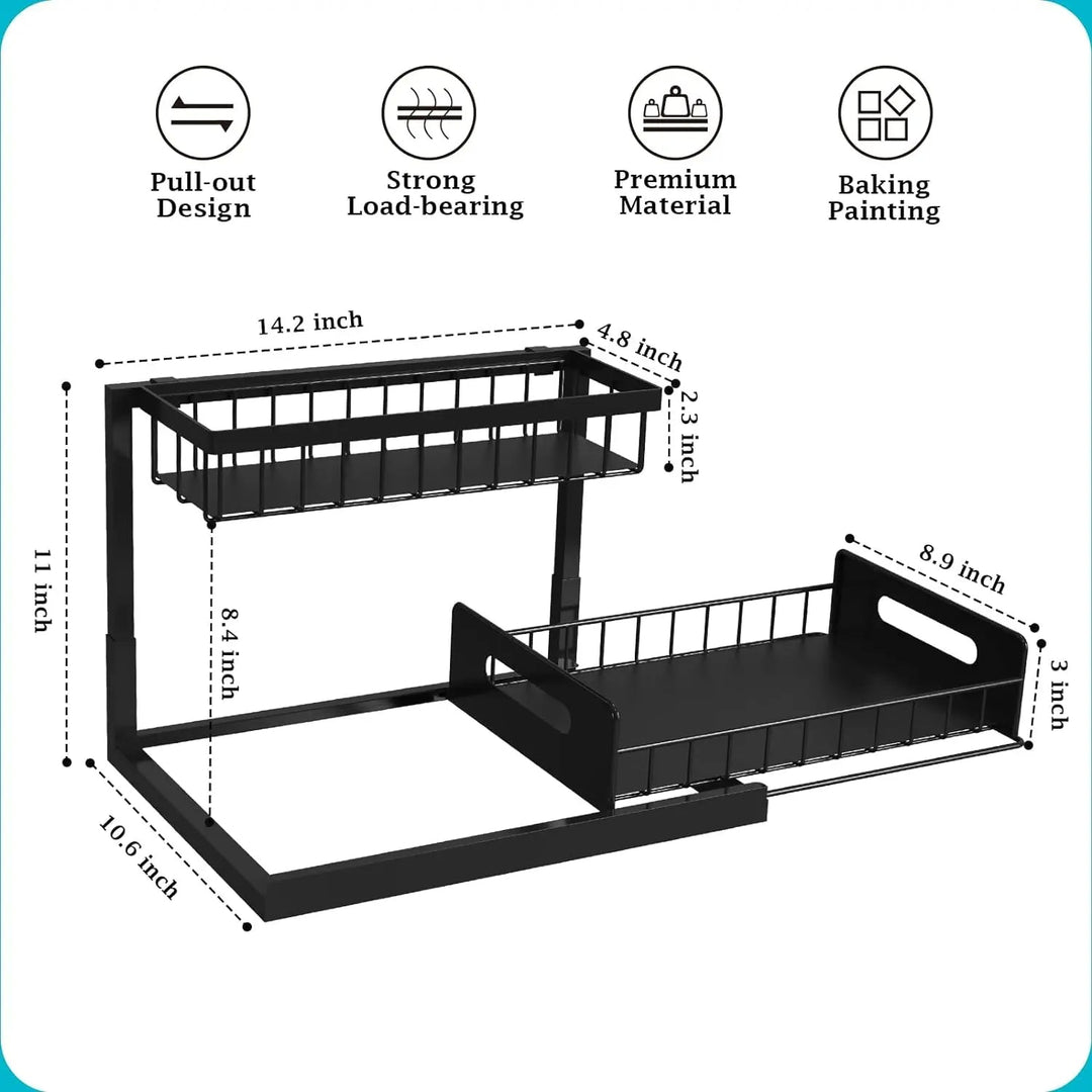 "2 tier slide out under sink organizer with L-shaped design, fits pipes, maximizes space, holds kitchen and bath essentials."