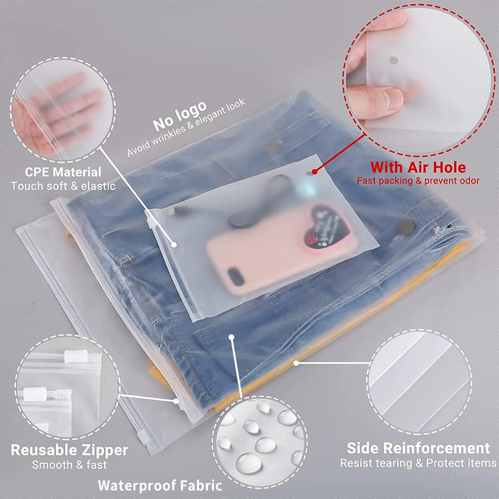 Reusable frosted zipper bags for clothes. 20-pack ideal for dustproof garment storage and travel organization.