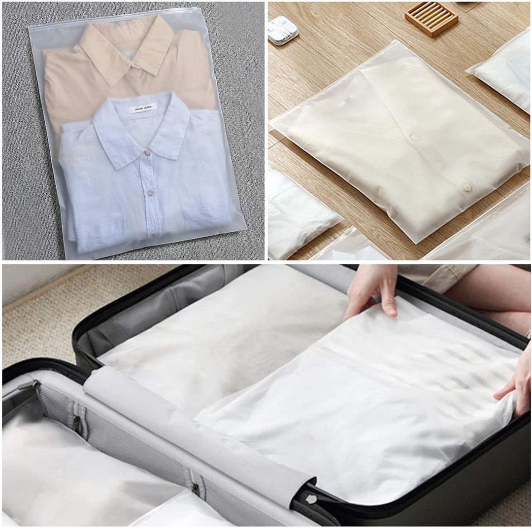 Clear view of a single frosted garment storage bag showcasing the secure zipper closure.