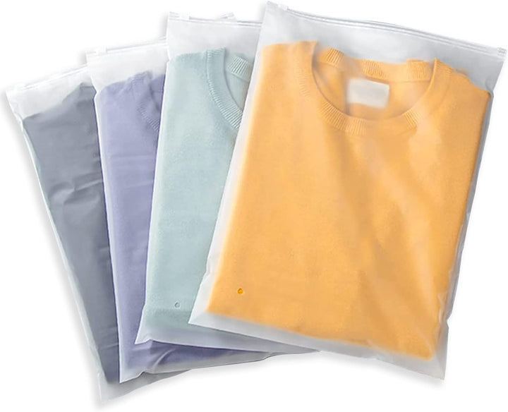 Zippered garment bags, 20-pack, made from reusable frosted plastic for dust and moisture protection.