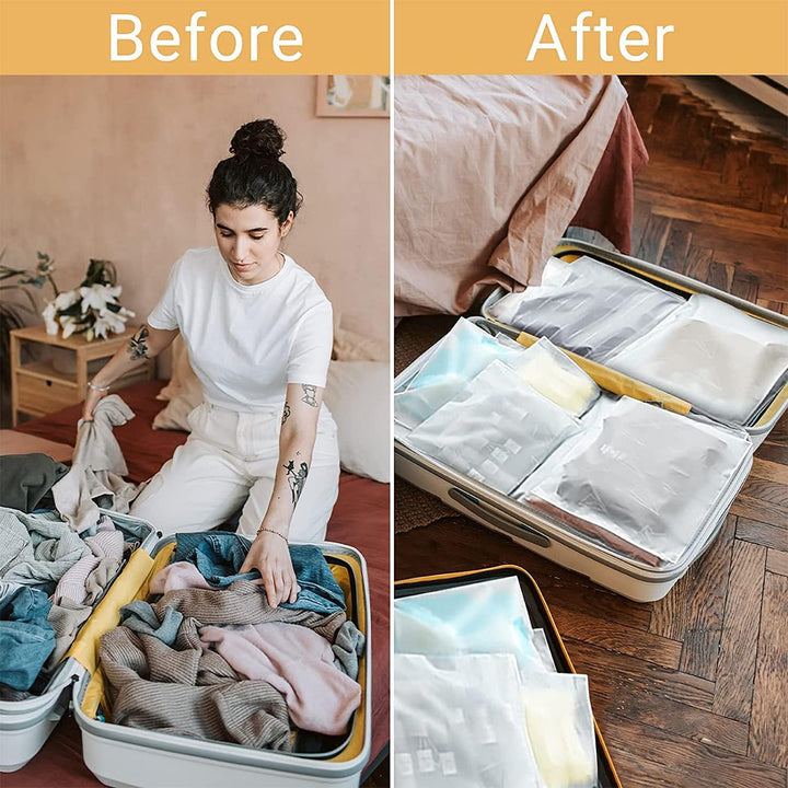 Group of 20 travel organizer bags. Frosted plastic garment sleeves with zippers for packing supplies.