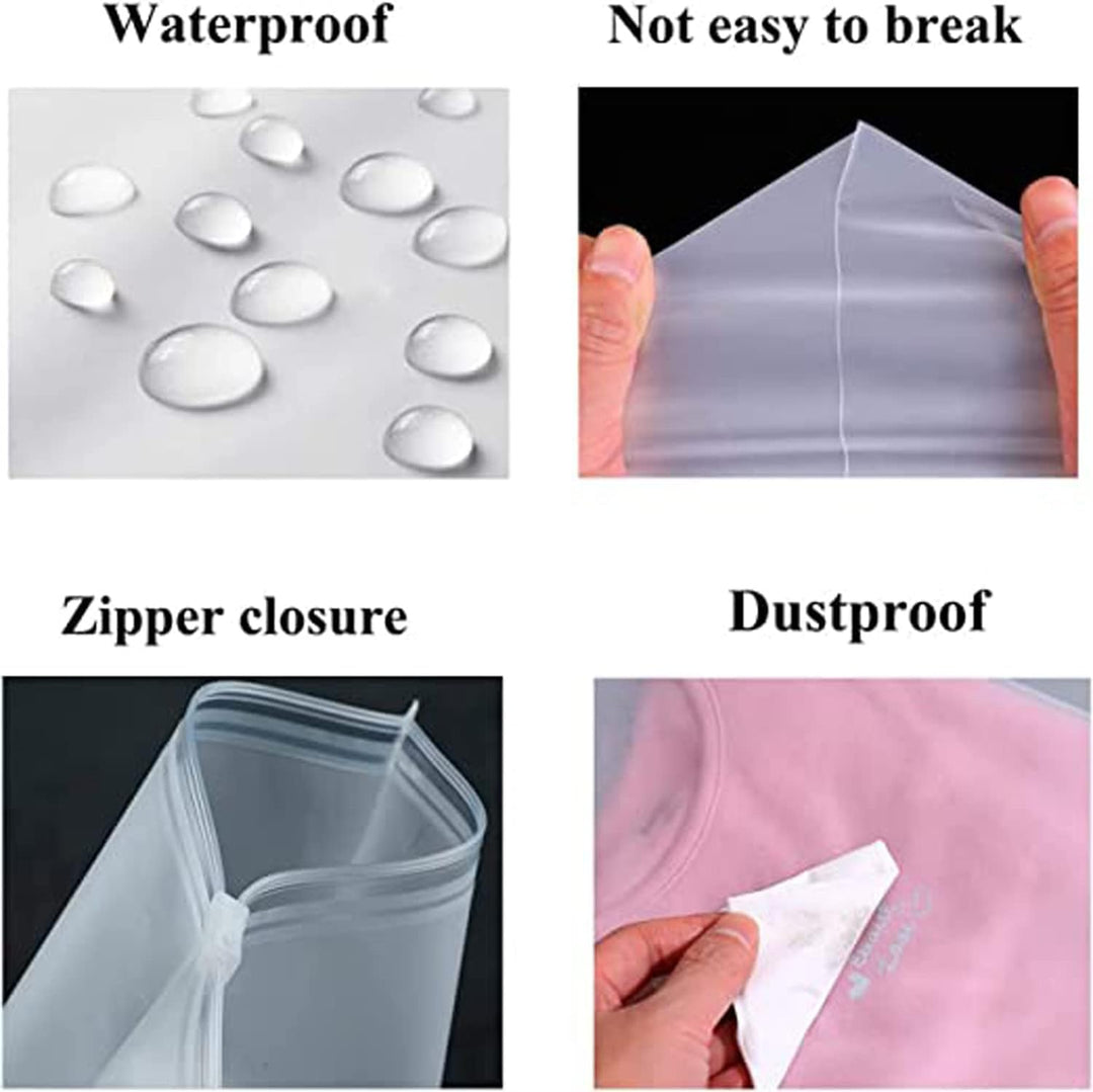Detailed view of the robust zipper closure on a frosted garment storage bag, ensuring secure protection.