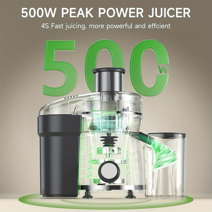 Freshly squeezed fruit juice made with a 500W electric juicer. Perfect for healthy home kitchen drinks.