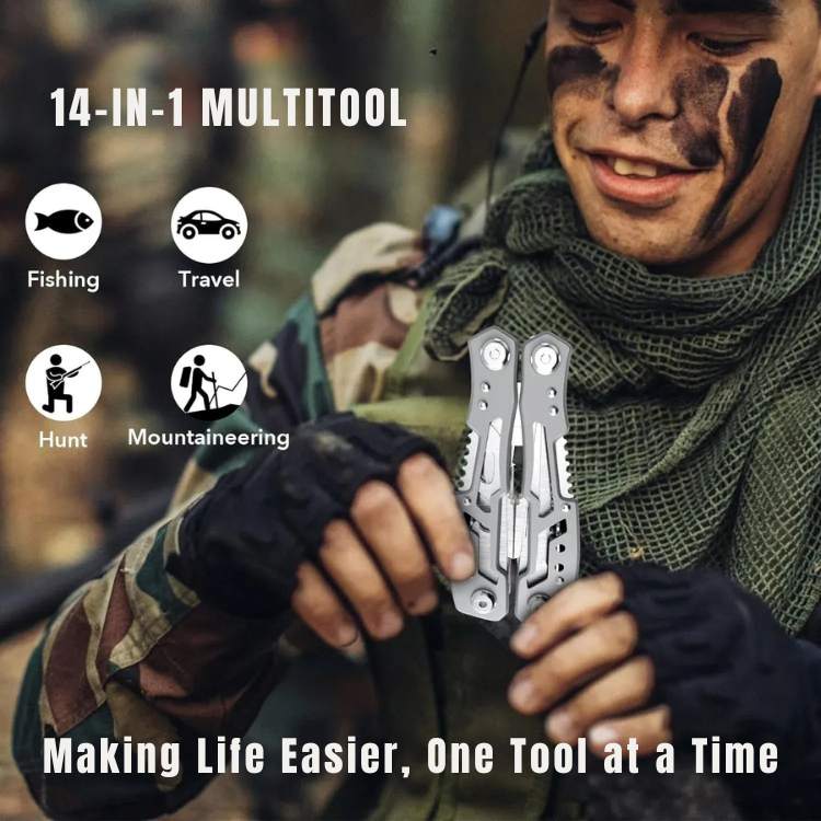 Stainless steel multi-tool with wire cutter, pliers, and various utility tools unfolded. Versatile repair hand tool.