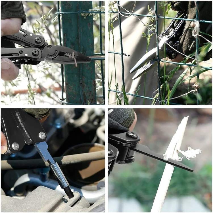 Ergonomic 24-in-1 stainless steel utility tool held in hand. Compact multi-tool for outdoor gear & emergencies.