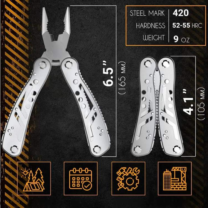 Close-up of the durable stainless steel wire cutter & pliers function of this compact multi-tool. Essential repair.