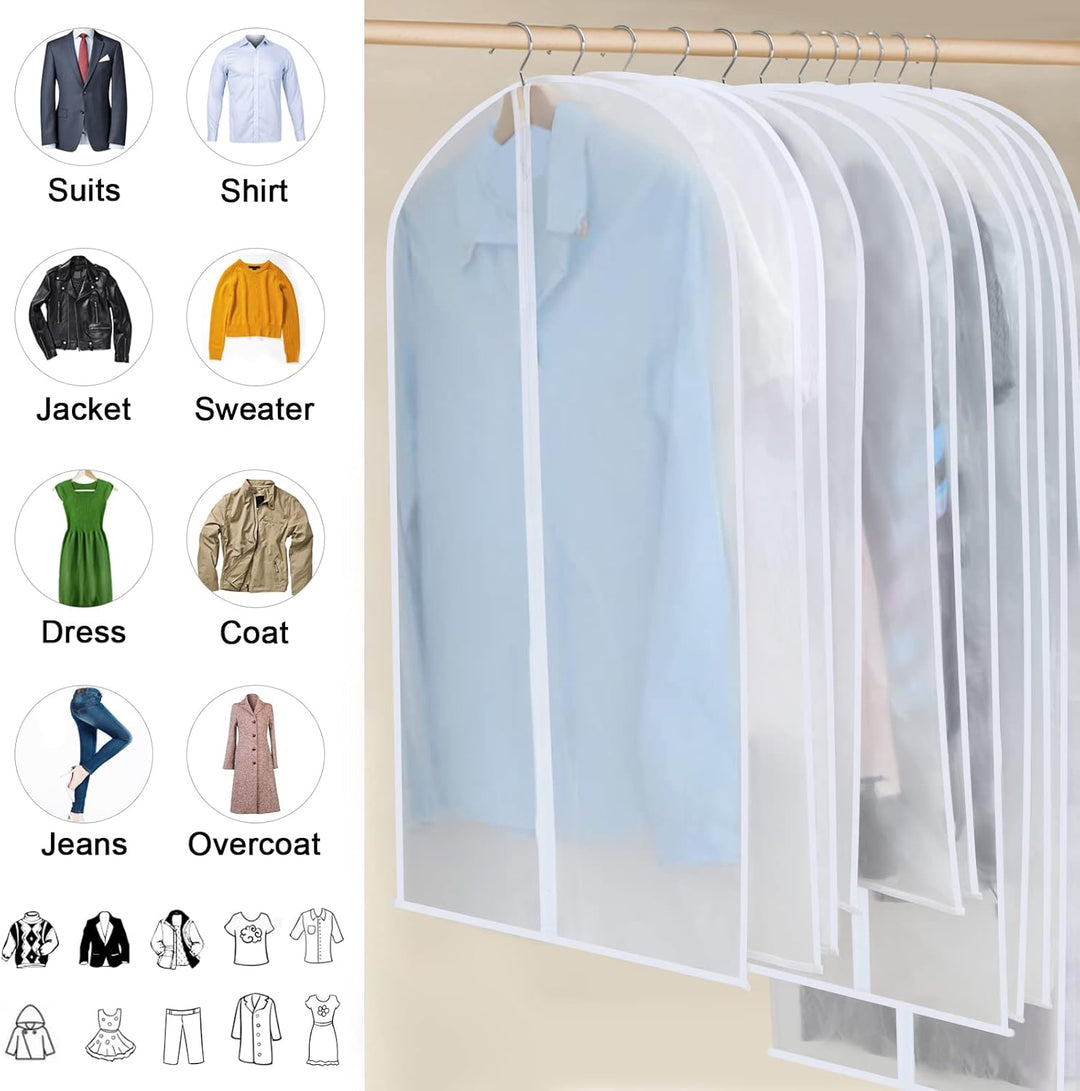 Durable PEVA garment bags, 24 pieces in 3 sizes, perfect for year-round wardrobe care.