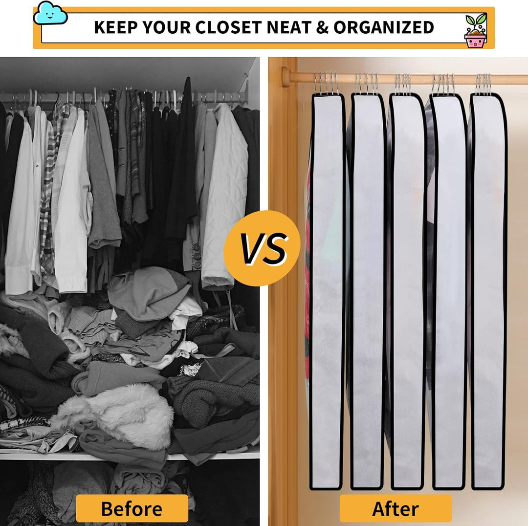 Set of 24 PEVA garment bags in assorted sizes for dust-proof and moth-proof clothing storage.