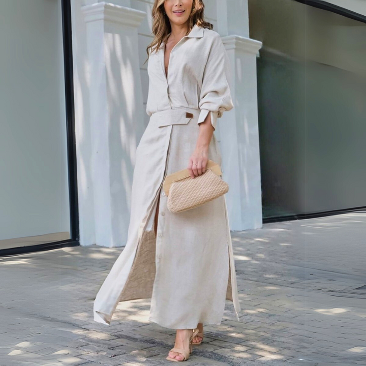 Women's flowing V-neck maxi dress, perfect for summer casual wear, beach days, or elegant vacation outfits.
