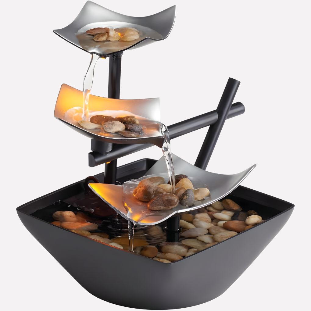 Zen garden style indoor water fountain, tabletop decor with soothing silver springs & calming water feature.