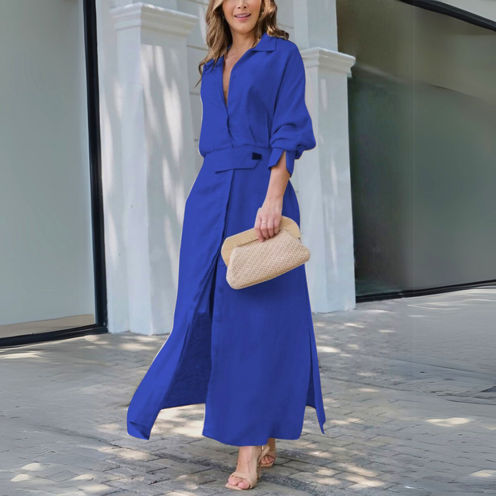 Stylish women's V-neck maxi dress with a flowing silhouette, great for summer fashion, vacation, or elegant events.