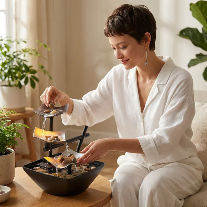 Modern indoor tabletop fountain accent piece, creates tranquil ambiance with gentle water flow for relaxation.