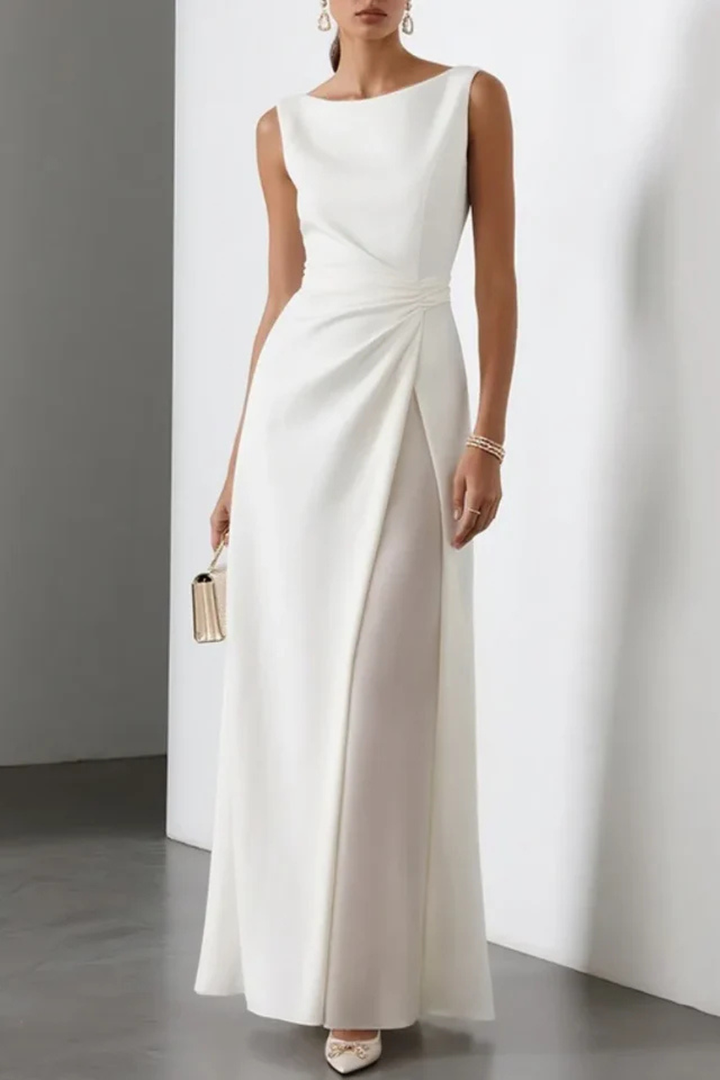 Formal women's evening gown: sleeveless, long, with stylish side slit & draped waist for special occasions.