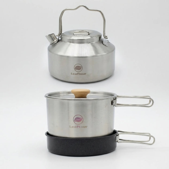 Versatile 3-piece nonstick outdoor cooking set. Stackable kitchenware for easy transport on camping & hiking trips.
