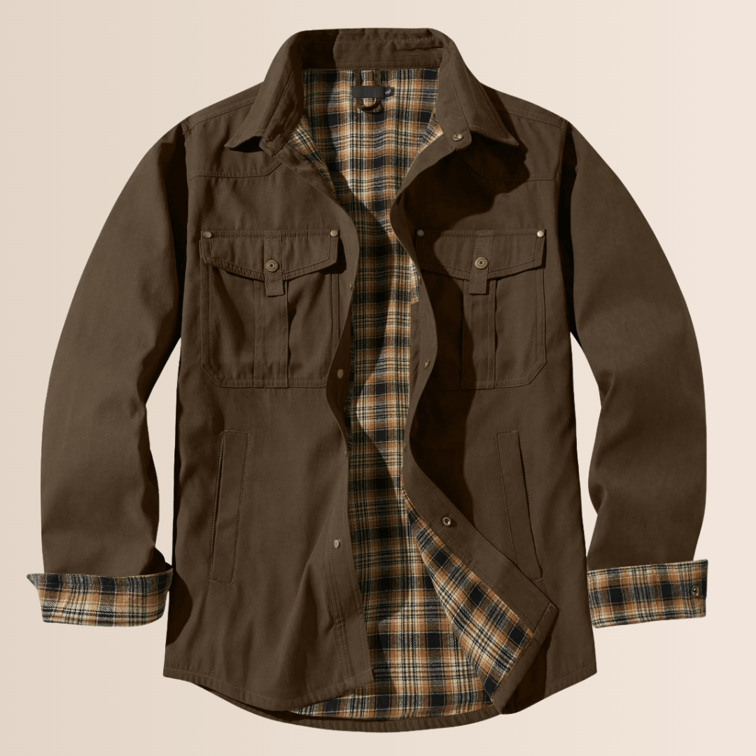 Stylish men's vintage plaid flannel jacket. Rugged, comfortable men's fashion outerwear for layering.