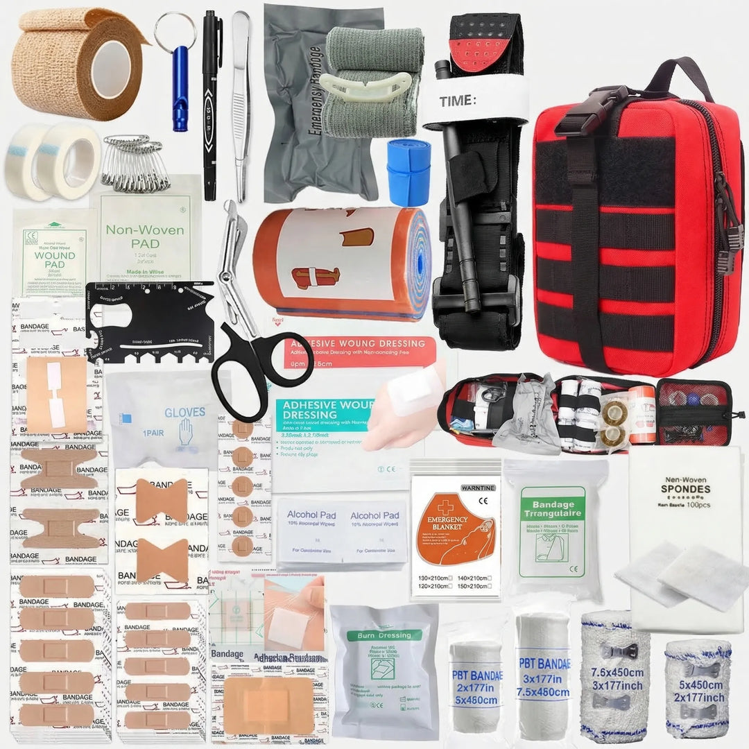 Durable portable first aid kit for quick access to emergency medical supplies during camping or hiking.
