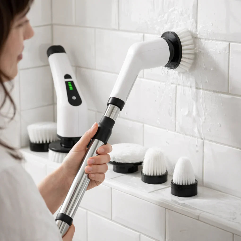 Rechargeable cordless electric spin brush for effortless kitchen, bathroom & car cleaning. Powerful adjustable handle scrubber.