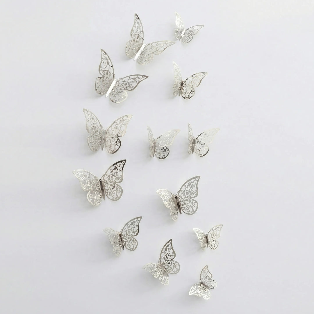 Shiny metallic 3D wall butterflies. Removable decorative stickers for a modern home or party decor.