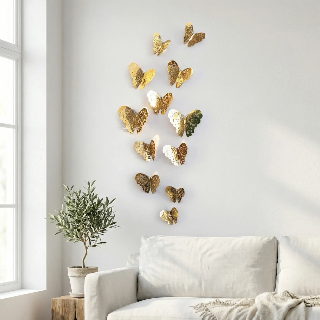 3D metallic wall butterflies, perfect for modern home decor. Easy to install & removable wall art stickers.